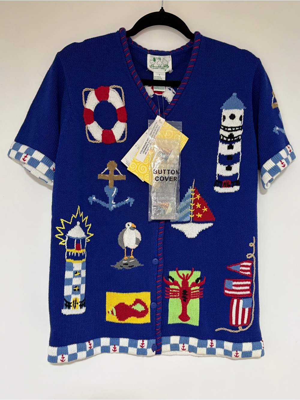 Quacker Factory Women’s Vintage Nautical Short Sleeve Button Front Sweater Sz S
